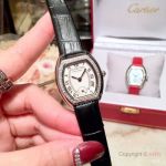 Copy Cartier Tortue Ladies Watch Black Leather Band Diamond Bezel 